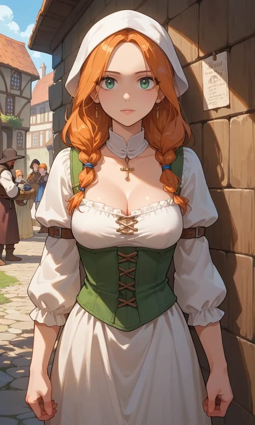 AI-generated anime image of an orange-haired woman in medieval tavern maid outfit with green corset on a cobblestone street