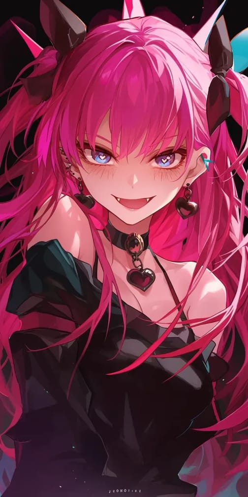 AI-generated anime portrait of a pink-haired demon girl with horns and heart pendant necklace in dark outfit