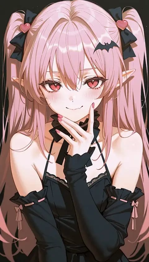 AI-generated anime image of a woman with pink twin-tail hair decorated with bat accessories in a dark gothic outfit
