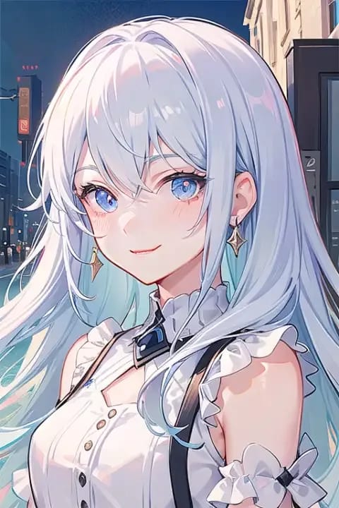 AI-generated anime portrait of a woman with long silver-white hair in white frilly outfit with soft lighting