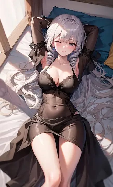 AI-generated anime image of a silver-haired woman in dark outfit lying on bed in a sunlit room