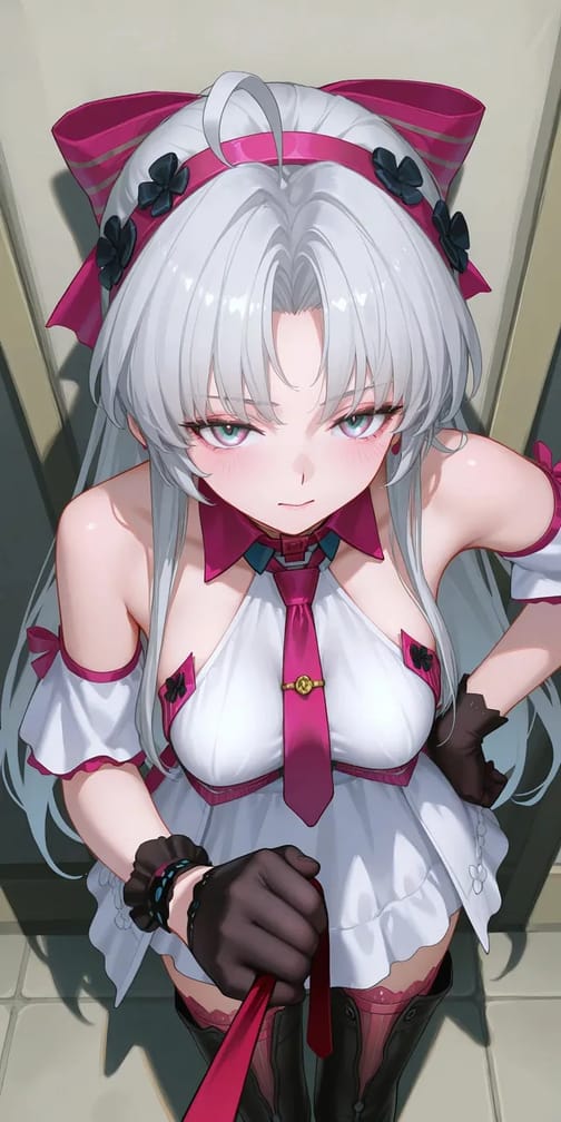AI-generated anime image of a silver-haired woman in white and pink maid-inspired outfit with rose decorations looking down at the viewer