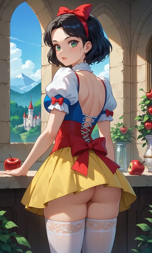 AI-generated anime image of a woman in Snow White-inspired outfit looking back at a castle window with mountain scenery