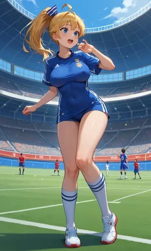 An anime female character in blue jersey and blue shorts is posing cheerfully on a soccer field, creating cheerful World Cup vibe.