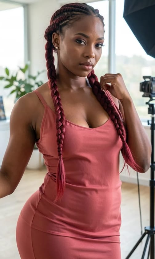 A black woman in pink sleeveless dress with two pink braids is posing in a studio.