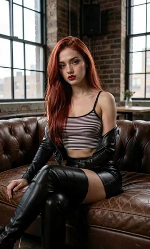 A woman with red hair in striped tanktop and long latex boots is sitting on a brown leather couch.